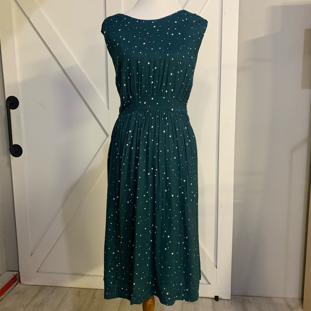 Teal dress with white polka dots
